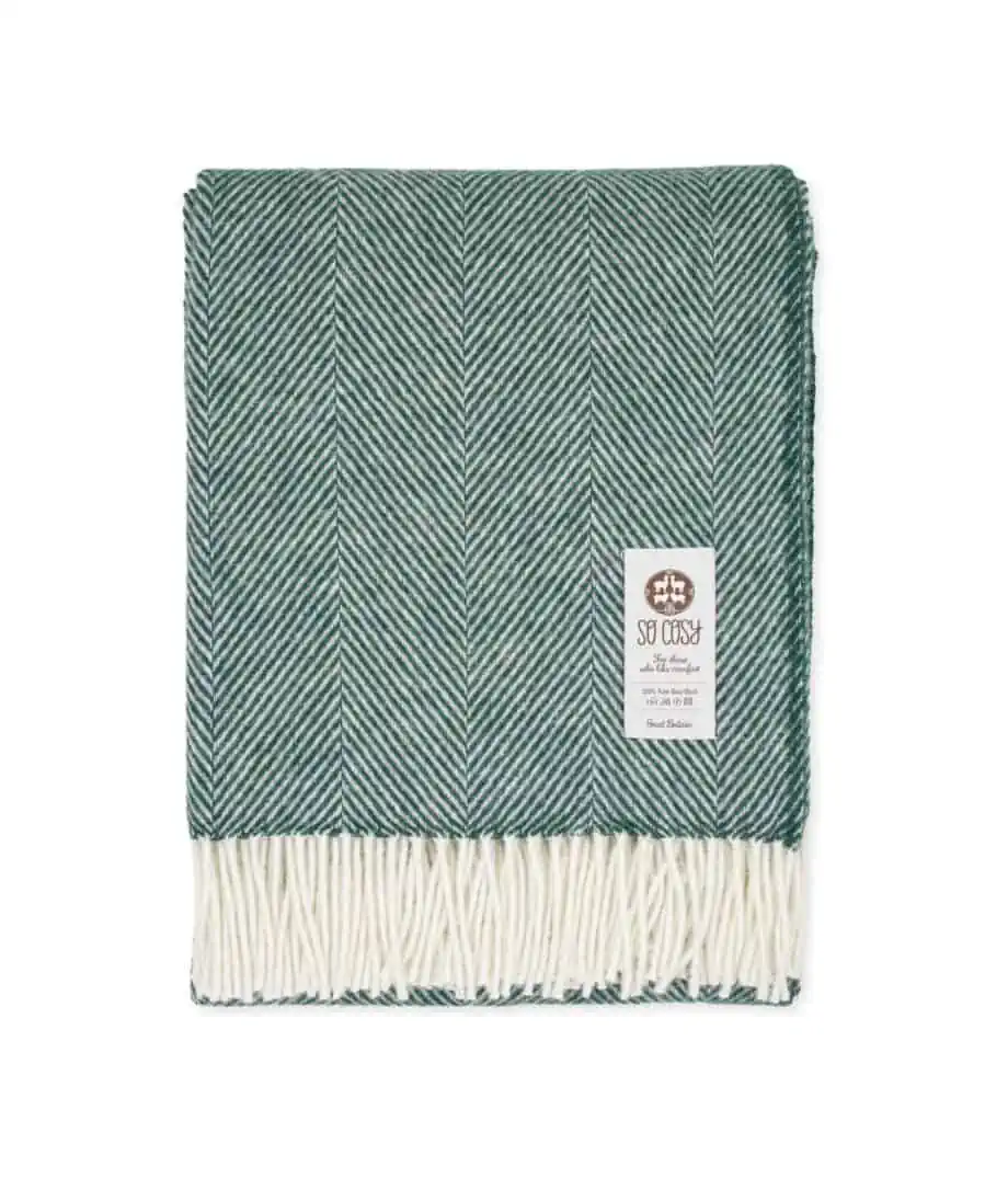 Dani Eden green colour cosy pure new wool herringbone throw blanket