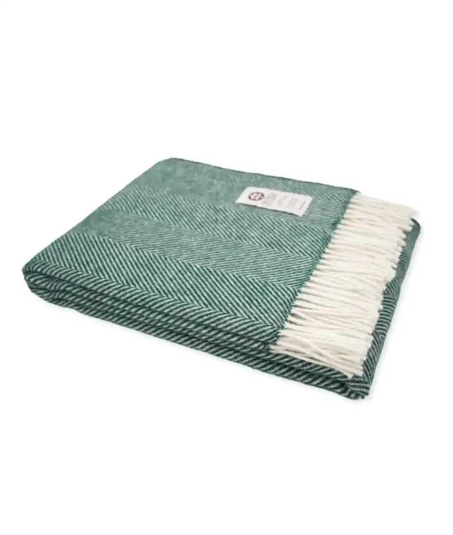 Dani Eden Green colour pure new wool cosy herringbone blanket throw