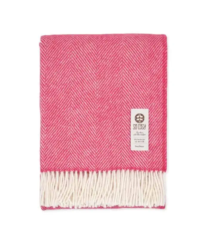 cosy pure new wool herringbone sofa blanket in rethink pink colour