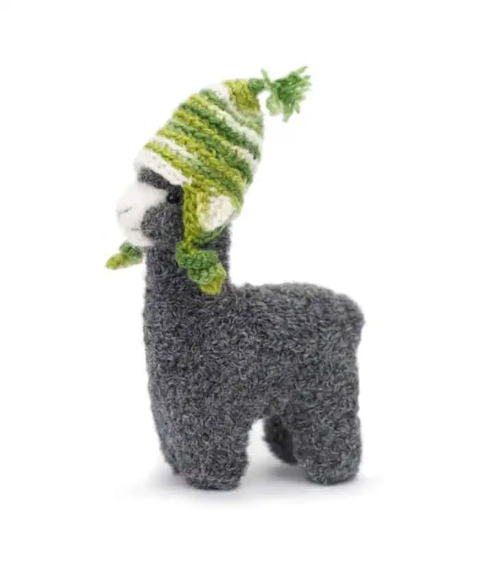 grey alpaca soft toy decoration with green hat
