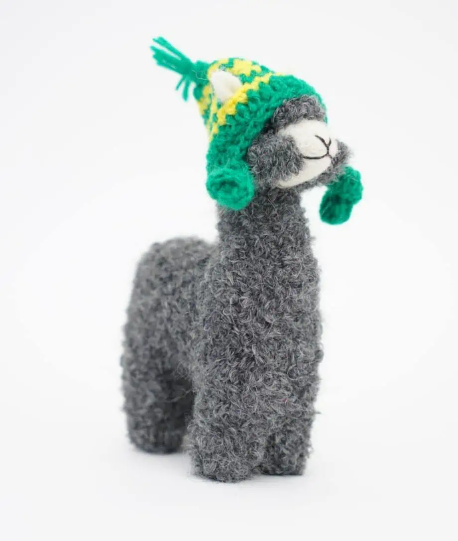 cute cosy grey baby alpaca soft toy with hand crochet chullio green hat