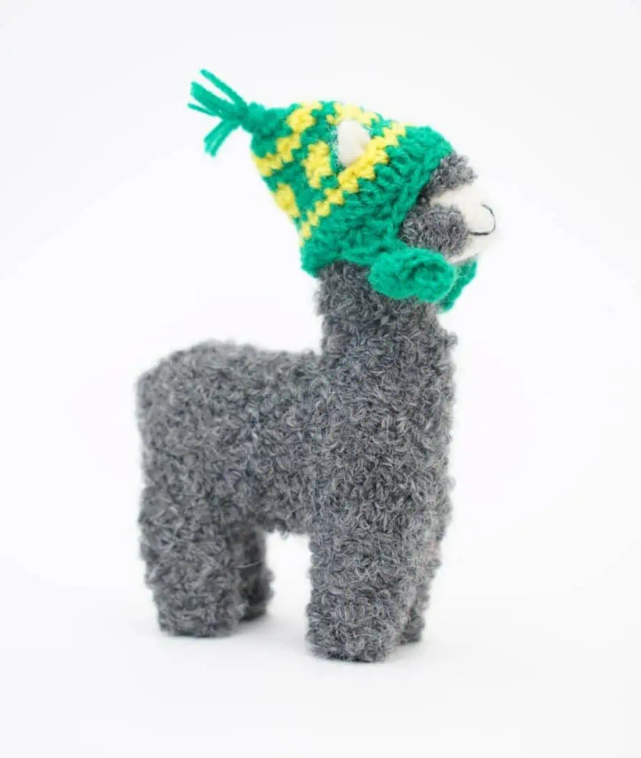 cute grey baby alpaca wool sof toy wuth green hat