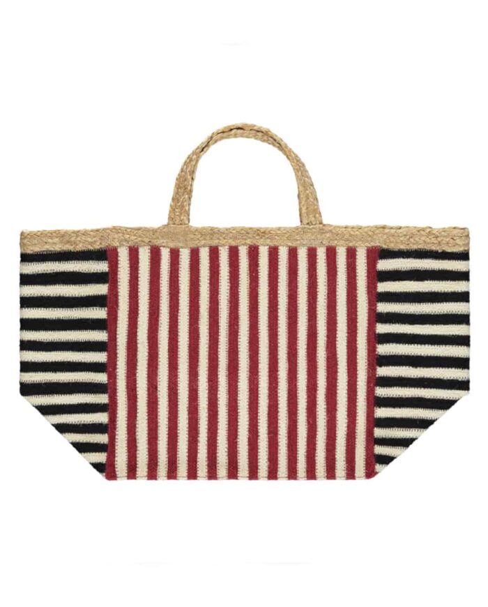 black and red stripe jute tote bag