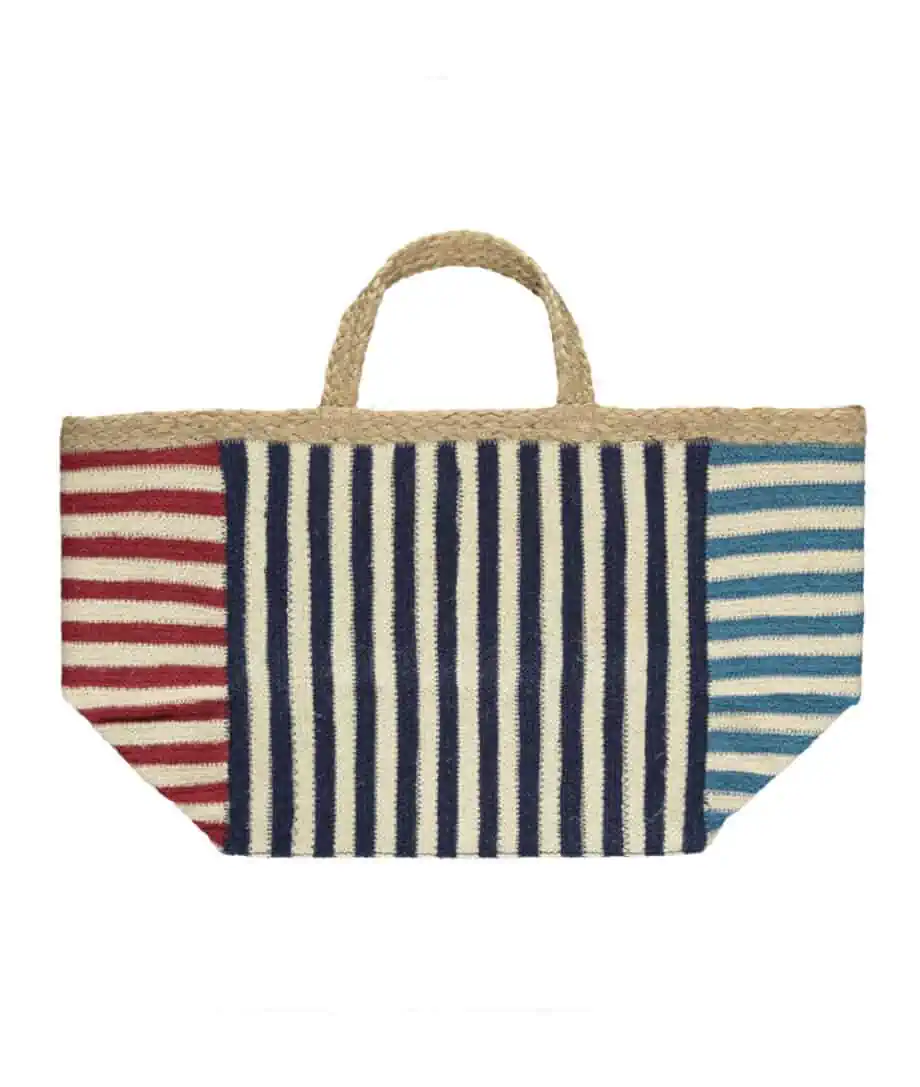 blue navy red stripes organic jute tote shopper bag