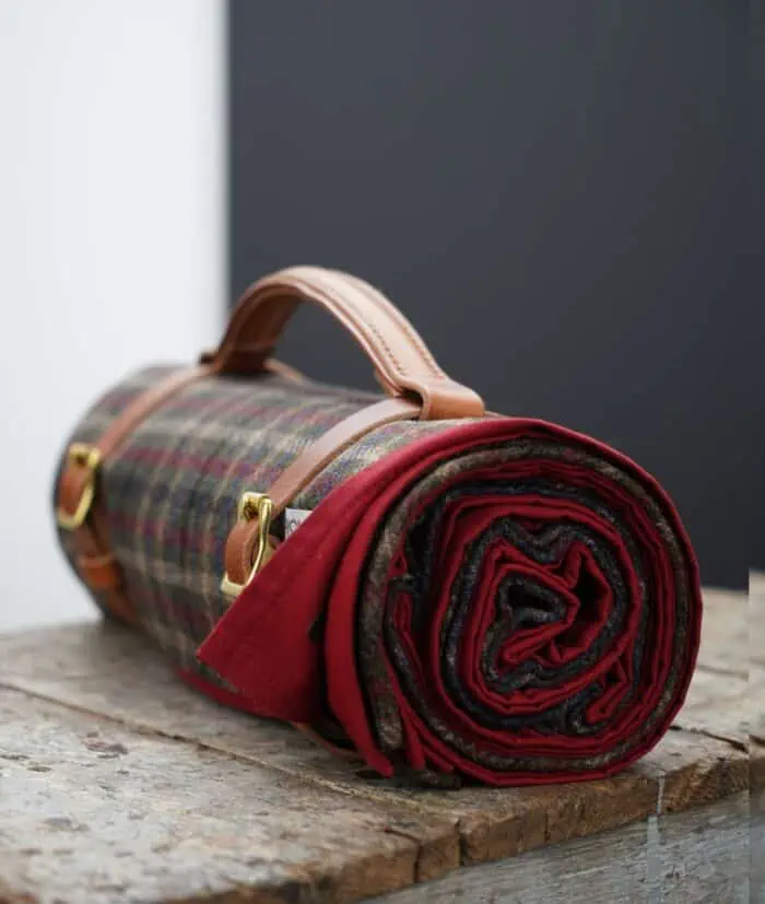 luxury ruby red wax cotton and wool tweed roll up picnic blanket