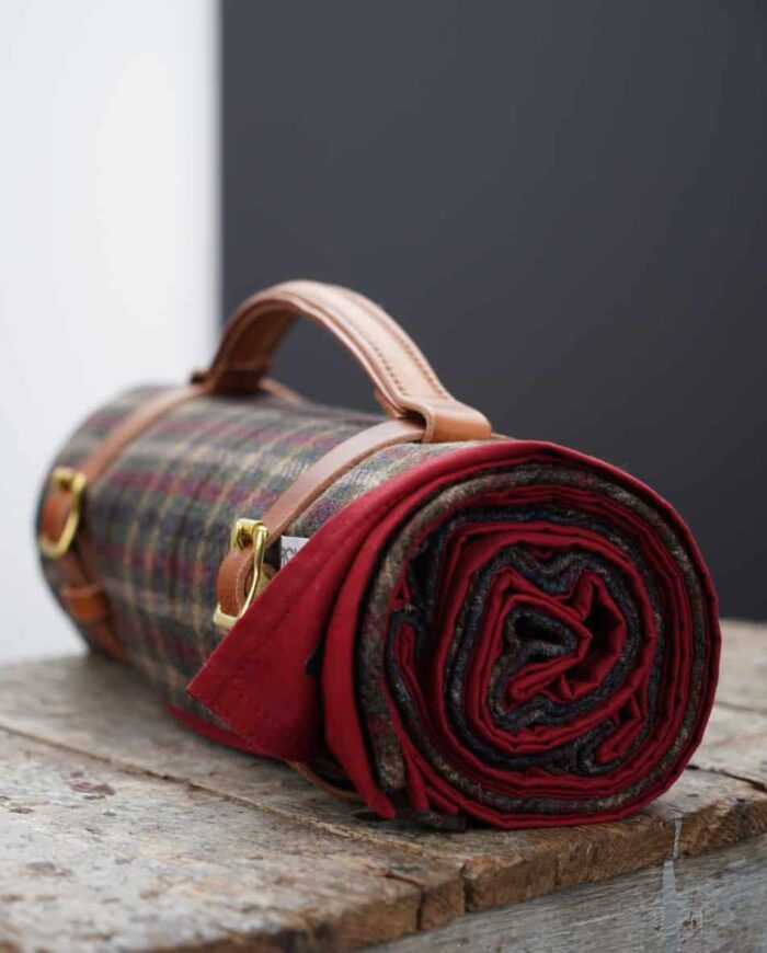 luxury ruby red wax cotton and wool tweed roll up picnic blanket