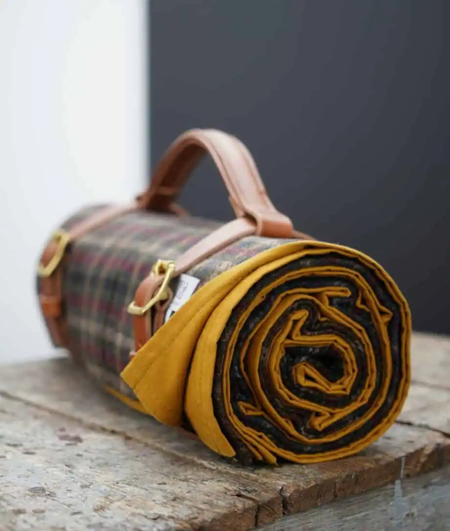 So Cosy mustard wax cotton and check wool outdoor picnic blanket with handmade leather straps