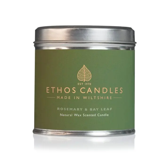 Ethos naturals collection tin candle with rosemary and bay leaf scent