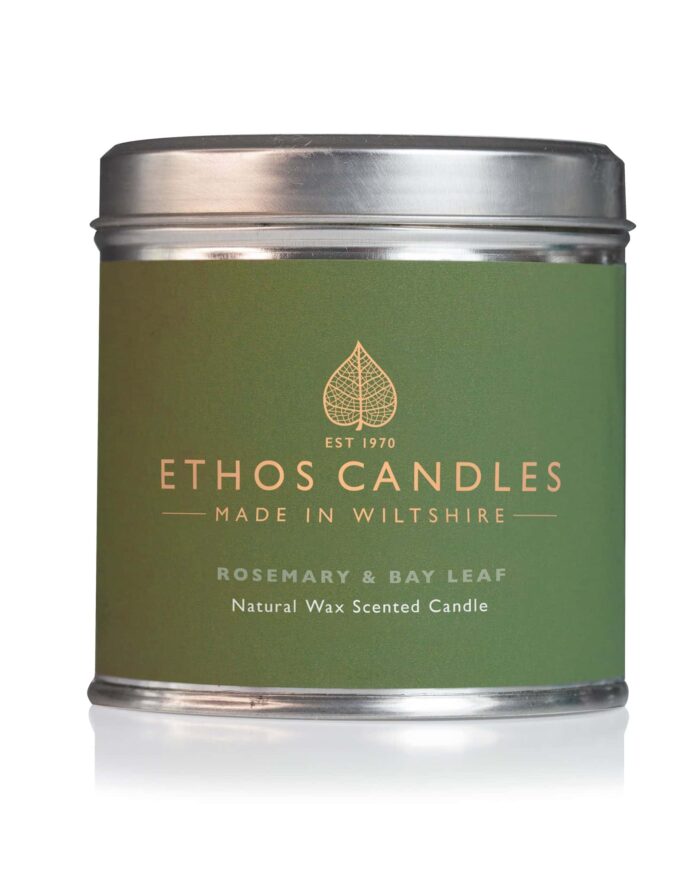 Ethos naturals collection tin candle with rosemary and bay leaf scent
