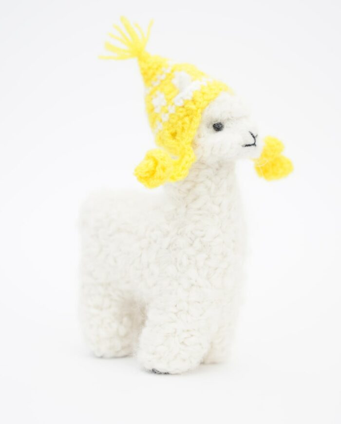 adorable hand made baby alpaca sof toy with hand crochet yellow hat