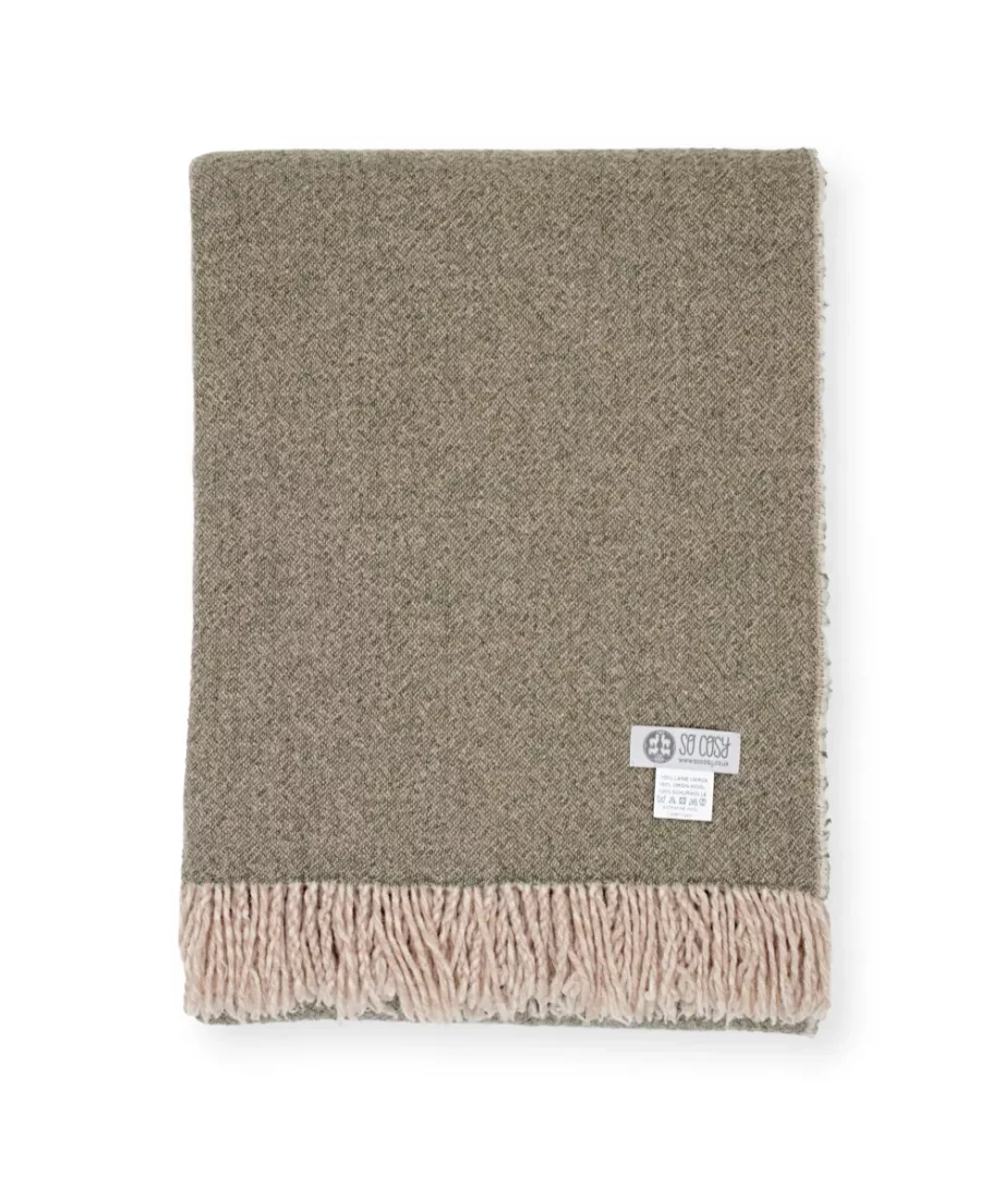 Dio so cosy merino wool reversible throw blanket in olive green anf beige colours