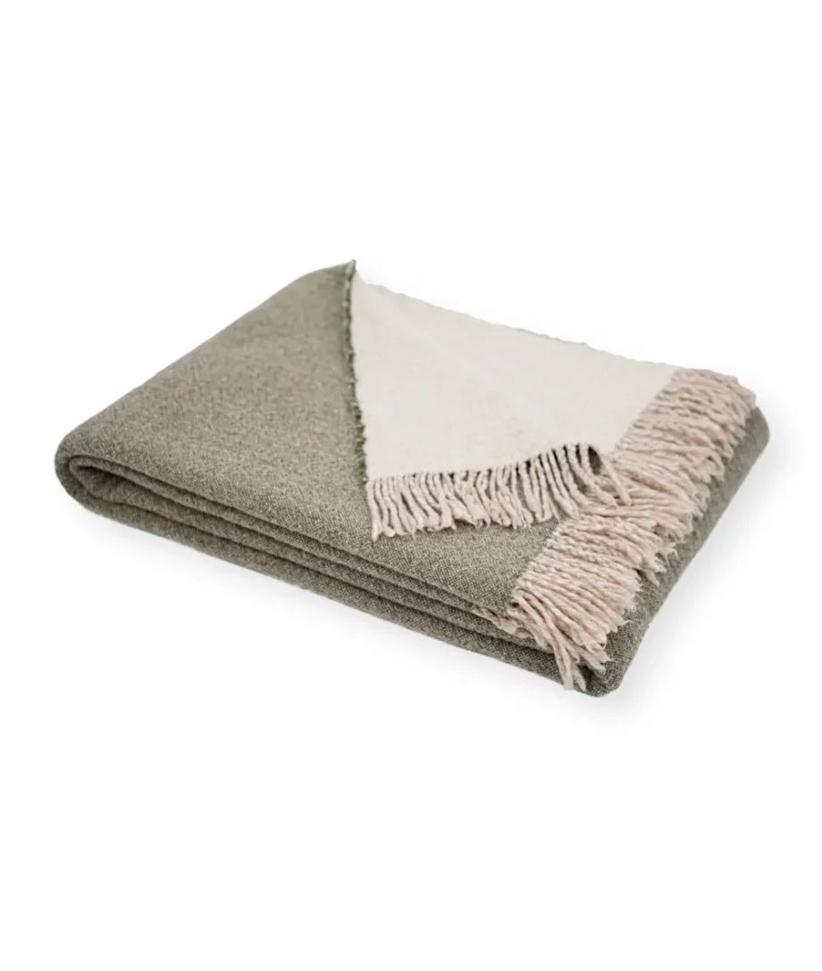 Dio soft merino wool sofa bed throw blanket in olive green and beige colour