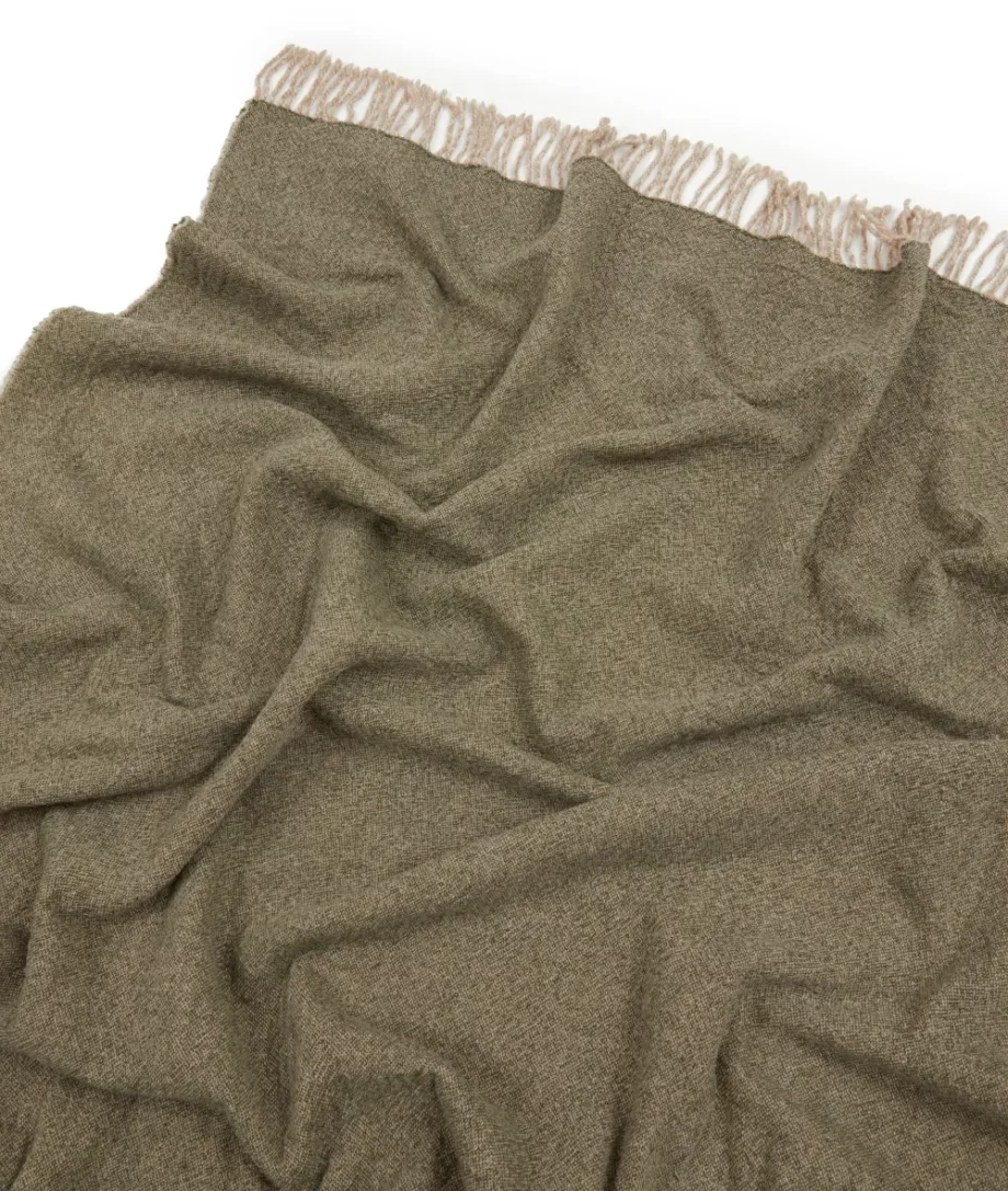 Dio merino wool cosy throw blanket in olive green and beige colour