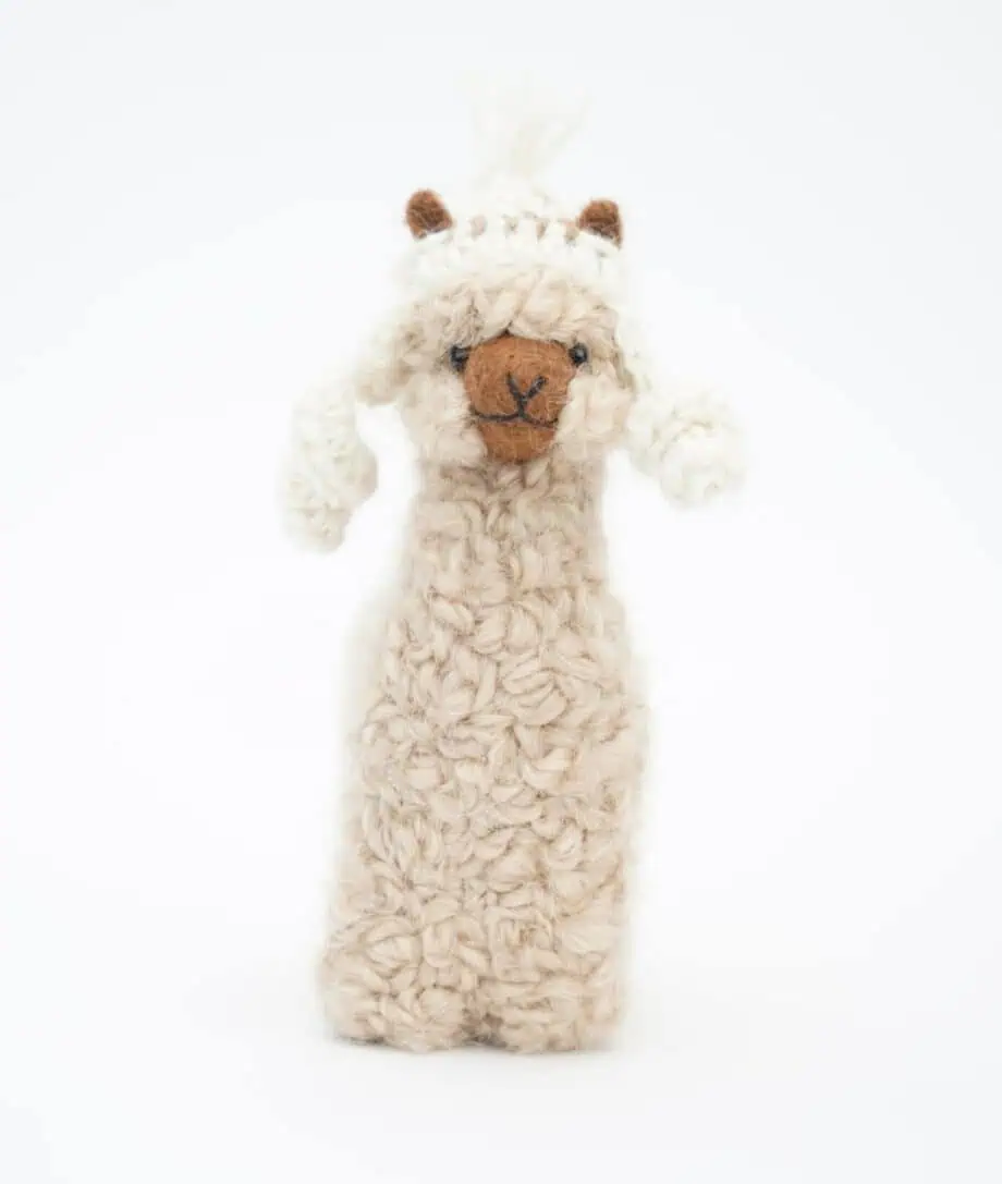 sweet beige colour baby alpaca soft toy with a cream hat