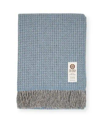 Dakota cosy Merino wool throw blanket in earthy blue grey and taupe colours
