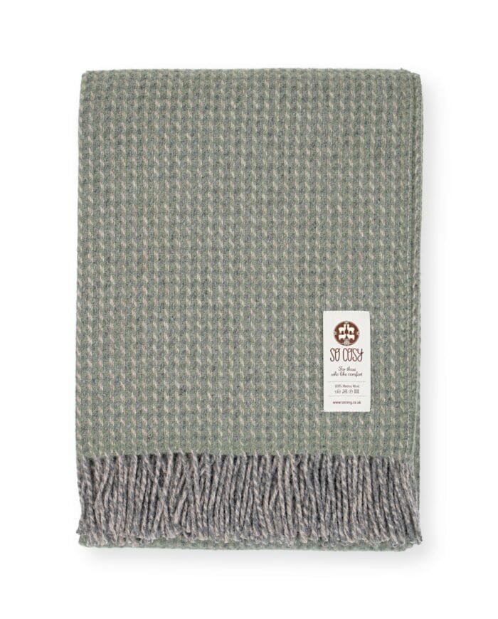 Dakota soft merino wool throw blanket in earthy green grey and taupe colours