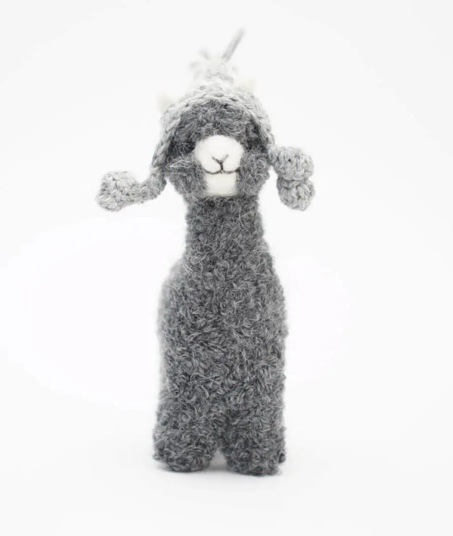 grey alpaca soft toy with a grey hat