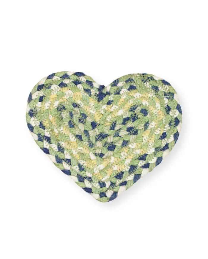 mint colour braided organic jute heart shaped coaster