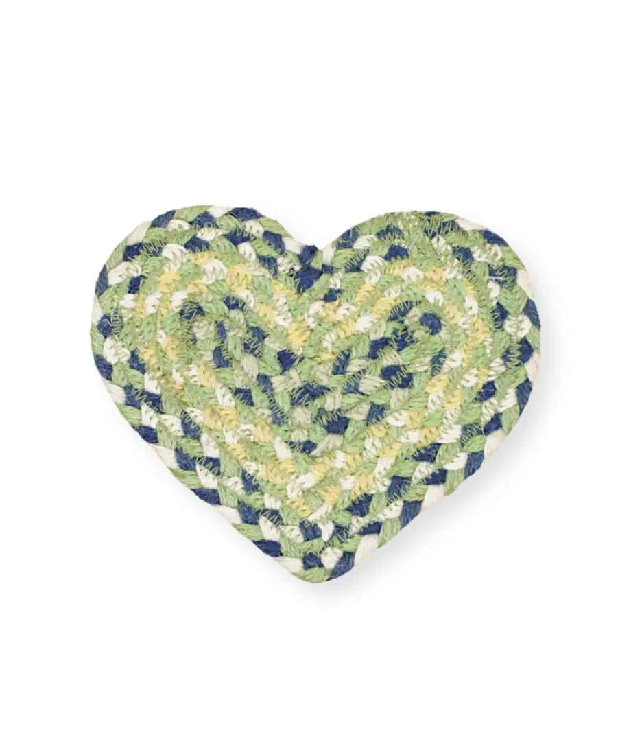 mint colour braided organic jute heart shaped coaster