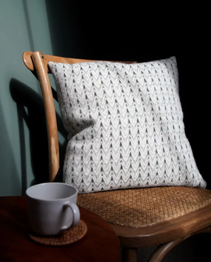 Dakota herringbone chevron design cosy wool cushion in grey taupe cream colour