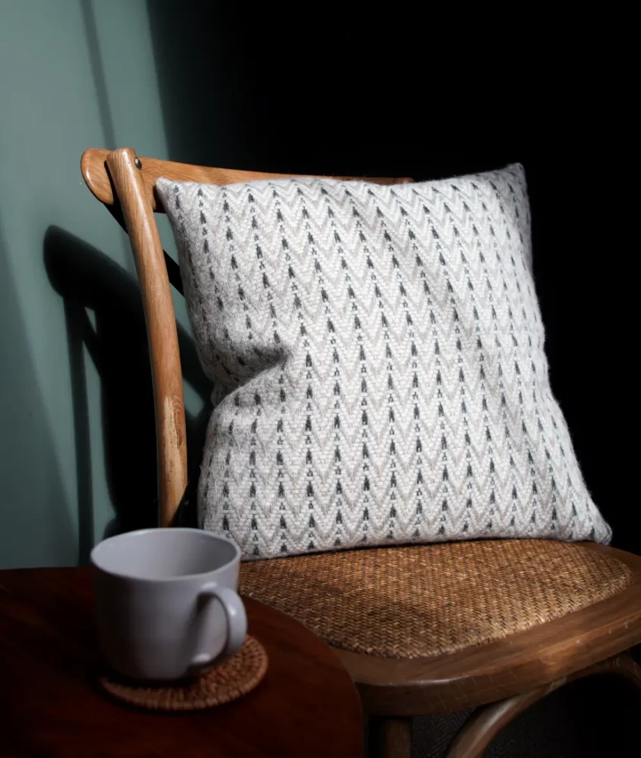 Dakota herringbone chevron design cosy wool cushion in grey taupe cream colour