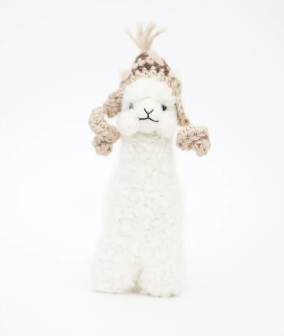 cute white baby alpaca soft toy with a hat