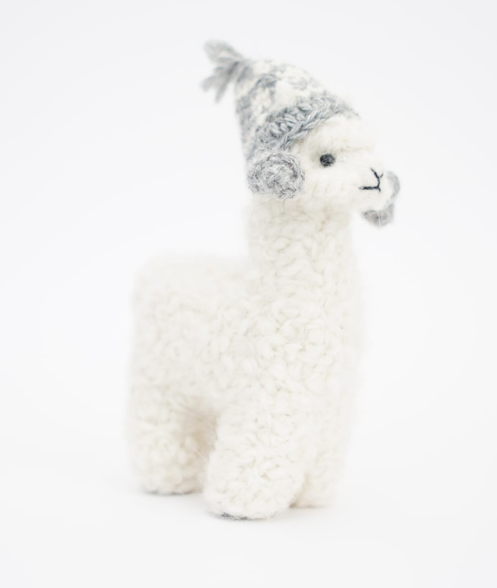 White Baby Alpaca Toy with Crochet Hat - Handmade in Peru
