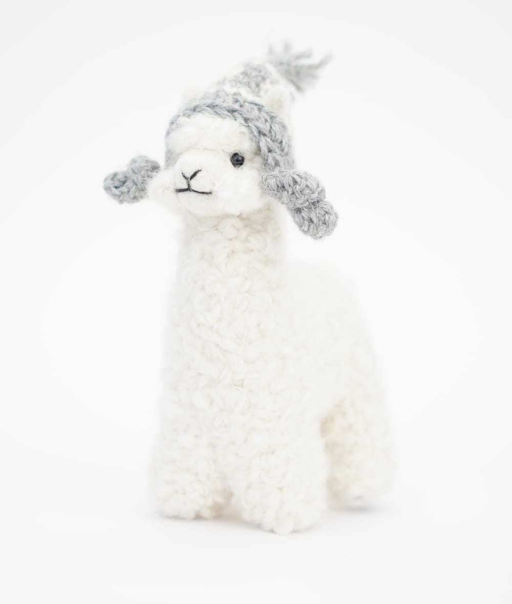 White Baby Alpaca Toy with Crochet Hat - Handmade in Peru