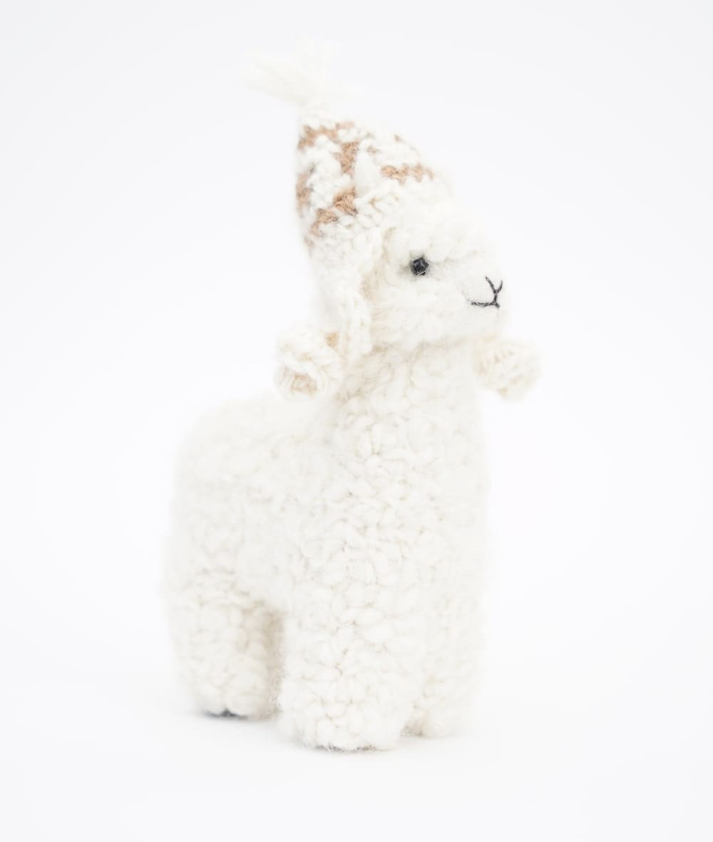 Cute White Baby Alpaca Toy with Crochet Hat-Handcrafted in Peru