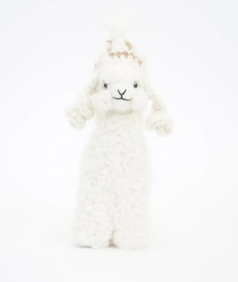 cute white baby alpaca soft toy with a hat